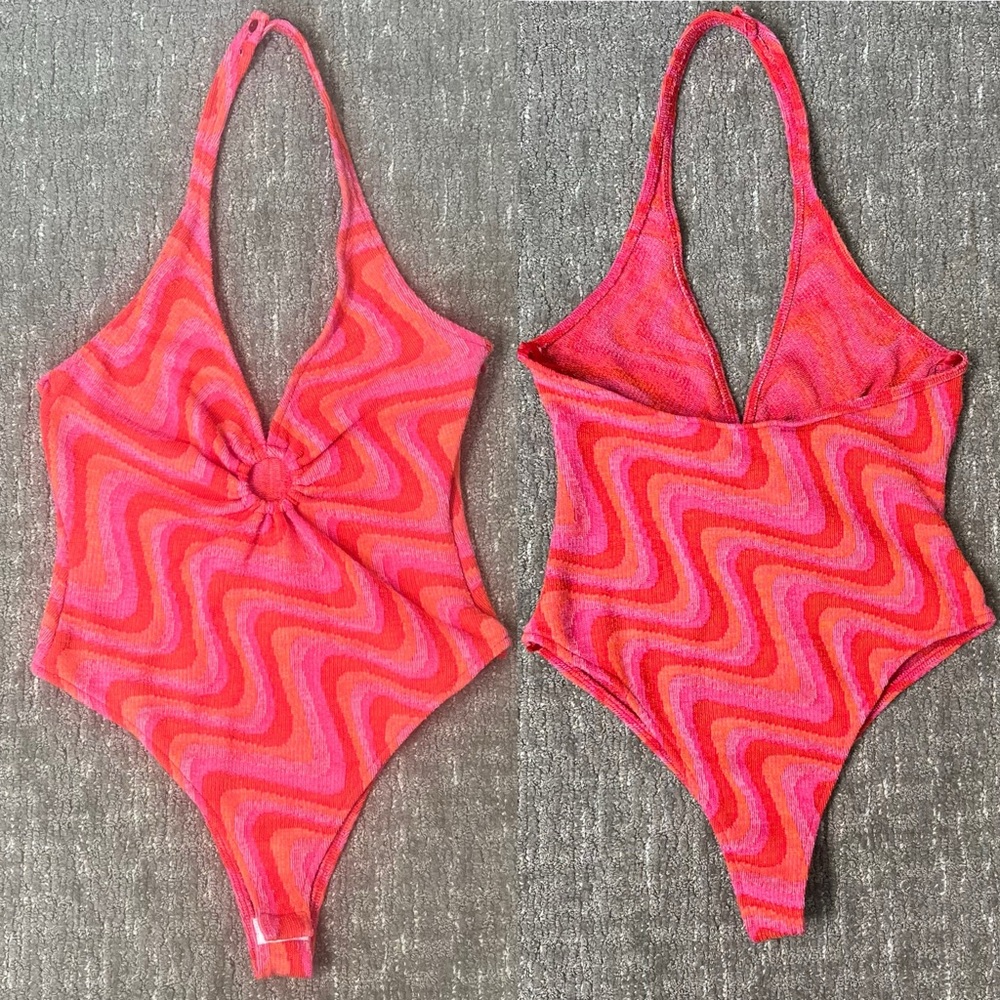 Zara Bright Terry Cloth Funky Print Halter Body Suit Small